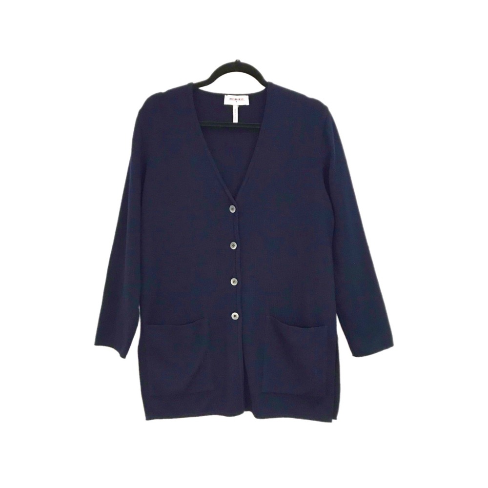 RODIER Cardigan Size 40 Wool Blend Button Front Duster Sweater Navy Blue L/XL